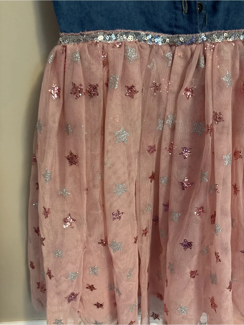 Sleeveless Denim & Pink Star Tulle Dress for Girls